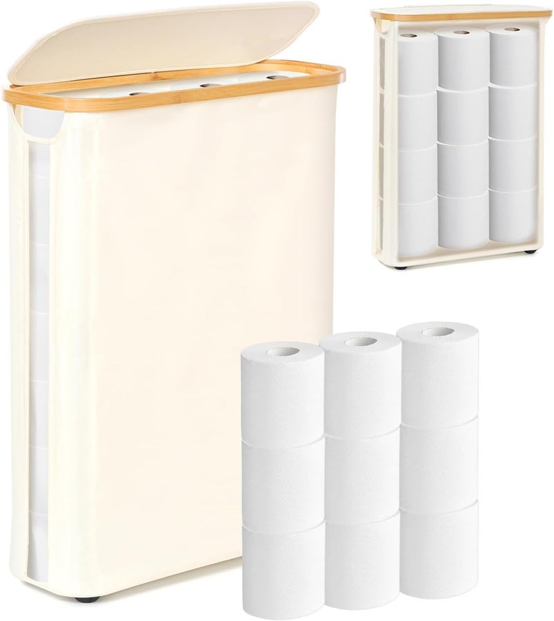 GARPROVM Toilet Paper Storage Basket with Lid, Slim Free Standing Toilet Roll Storage Holder Stand with See Through Window, Holds up to 20 Regular Rolls or 12 Mega Rolls Bathroom Organizer, Beige - Image 1